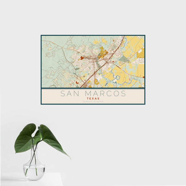 16x24 San Marcos Texas Map Print Landscape Orientation in Woodblock Style With Tropical Plant Leaves in Water