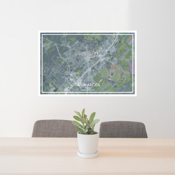 24x36 San Marcos Texas Map Print Lanscape Orientation in Afternoon Style Behind 2 Chairs Table and Potted Plant