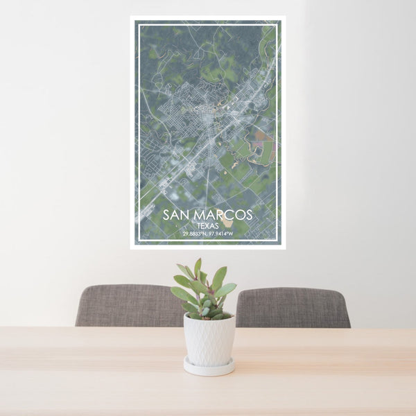 24x36 San Marcos Texas Map Print Portrait Orientation in Afternoon Style Behind 2 Chairs Table and Potted Plant