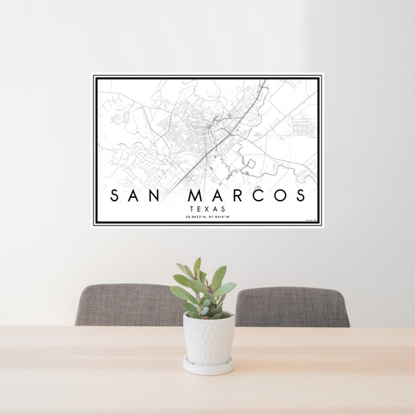 24x36 San Marcos Texas Map Print Lanscape Orientation in Classic Style Behind 2 Chairs Table and Potted Plant