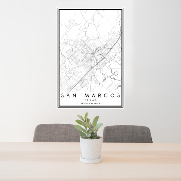 24x36 San Marcos Texas Map Print Portrait Orientation in Classic Style Behind 2 Chairs Table and Potted Plant