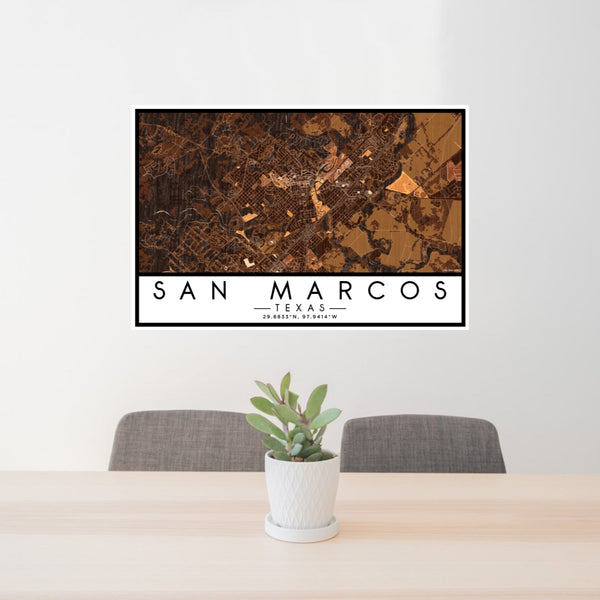 24x36 San Marcos Texas Map Print Lanscape Orientation in Ember Style Behind 2 Chairs Table and Potted Plant