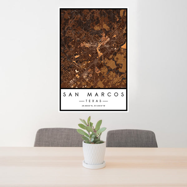 24x36 San Marcos Texas Map Print Portrait Orientation in Ember Style Behind 2 Chairs Table and Potted Plant