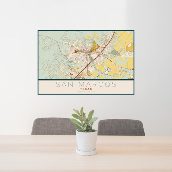24x36 San Marcos Texas Map Print Lanscape Orientation in Woodblock Style Behind 2 Chairs Table and Potted Plant
