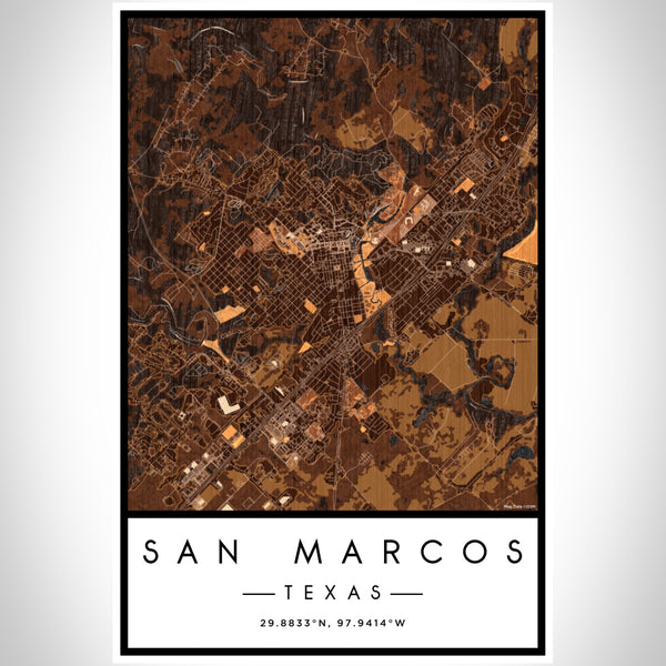 San Marcos Texas Map Print Portrait Orientation in Ember Style With Shaded Background