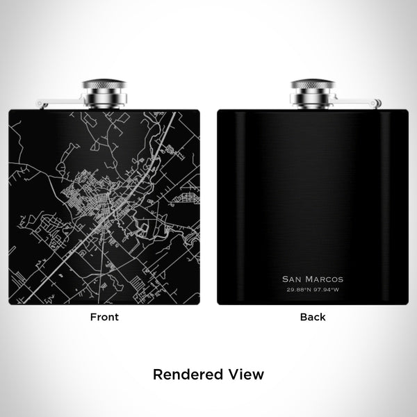 Rendered View of San Marcos Texas Map Engraving on 6oz Stainless Steel Flask in Black