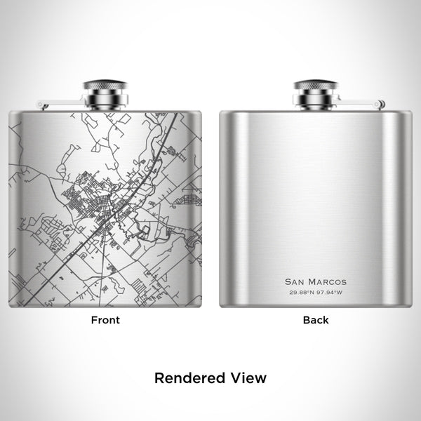 Rendered View of San Marcos Texas Map Engraving on 6oz Stainless Steel Flask