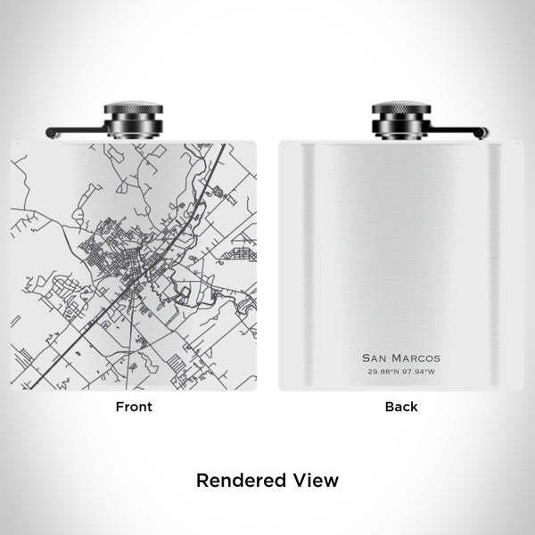 Rendered View of San Marcos Texas Map Engraving on 6oz Stainless Steel Flask in White