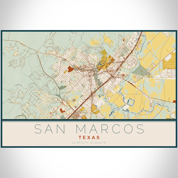 San Marcos Texas Map Print Landscape Orientation in Woodblock Style With Shaded Background