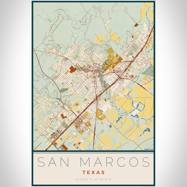 San Marcos Texas Map Print Portrait Orientation in Woodblock Style With Shaded Background