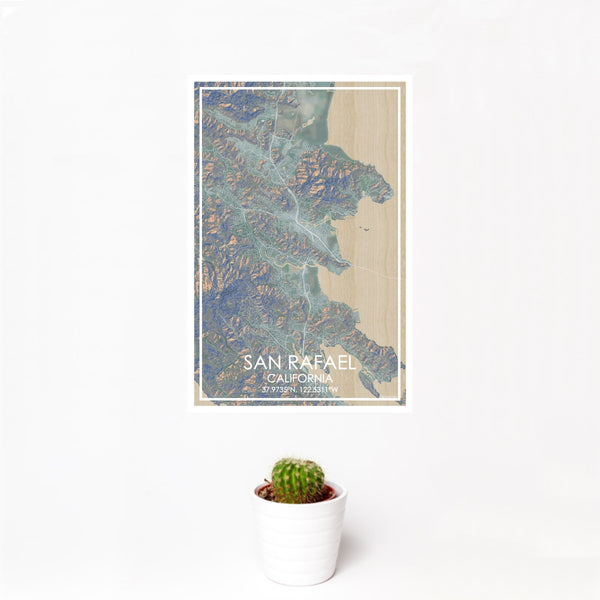 12x18 San Rafael California Map Print Portrait Orientation in Afternoon Style With Small Cactus Plant in White Planter