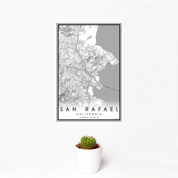 12x18 San Rafael California Map Print Portrait Orientation in Classic Style With Small Cactus Plant in White Planter