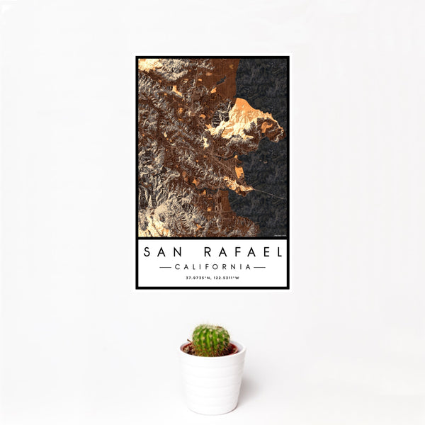 12x18 San Rafael California Map Print Portrait Orientation in Ember Style With Small Cactus Plant in White Planter