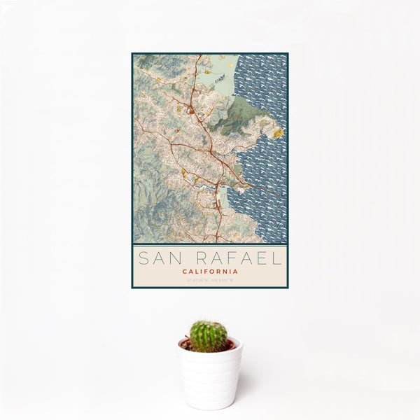 12x18 San Rafael California Map Print Portrait Orientation in Woodblock Style With Small Cactus Plant in White Planter