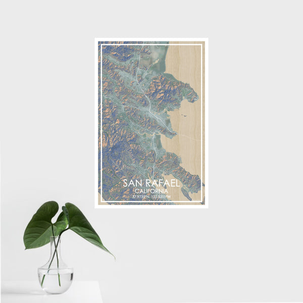 16x24 San Rafael California Map Print Portrait Orientation in Afternoon Style With Tropical Plant Leaves in Water