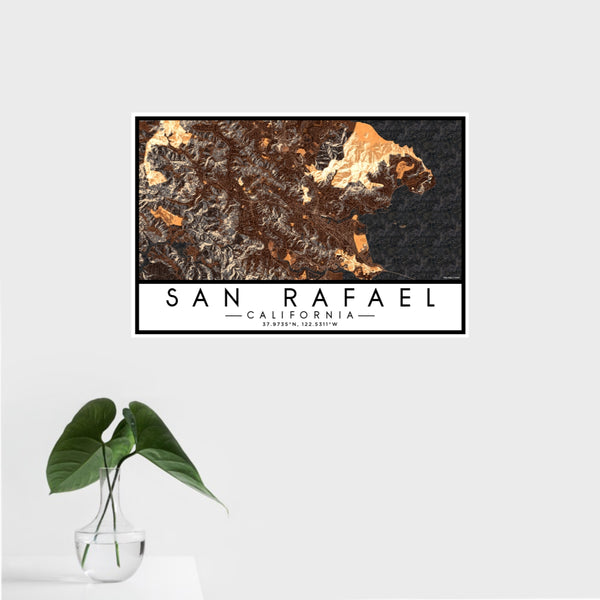 16x24 San Rafael California Map Print Landscape Orientation in Ember Style With Tropical Plant Leaves in Water
