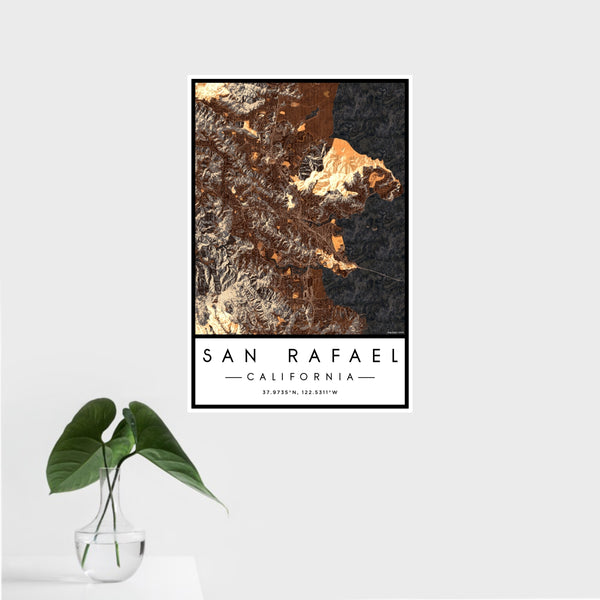 16x24 San Rafael California Map Print Portrait Orientation in Ember Style With Tropical Plant Leaves in Water