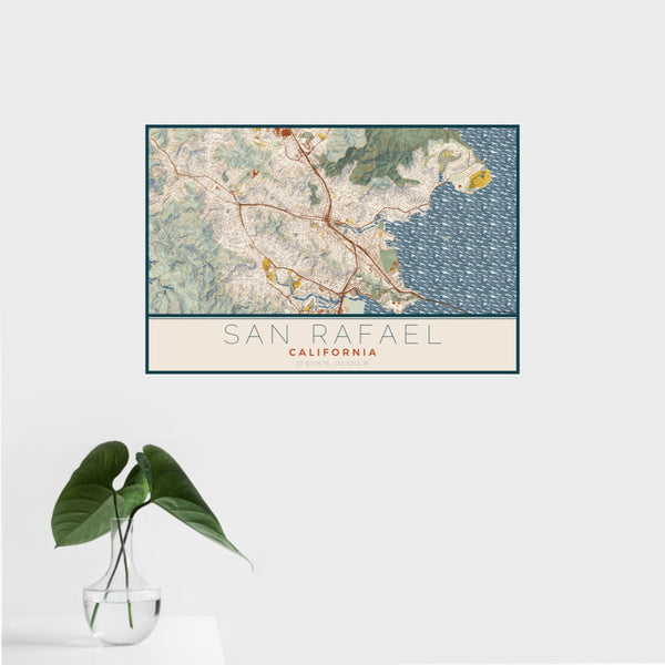 16x24 San Rafael California Map Print Landscape Orientation in Woodblock Style With Tropical Plant Leaves in Water