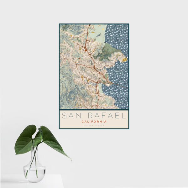 16x24 San Rafael California Map Print Portrait Orientation in Woodblock Style With Tropical Plant Leaves in Water