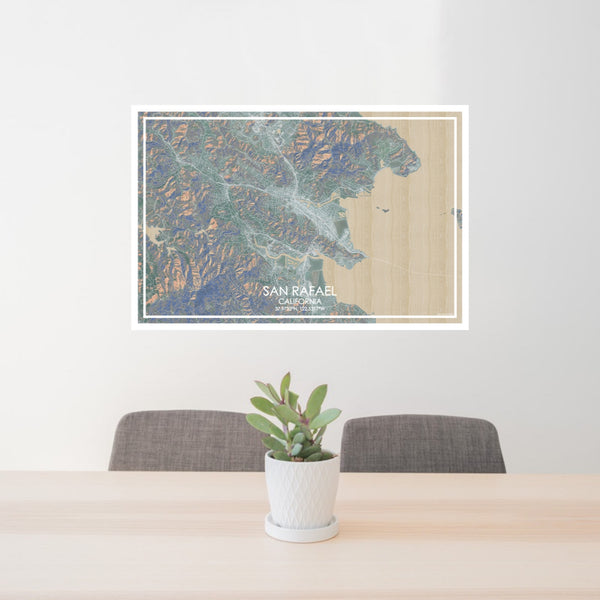 24x36 San Rafael California Map Print Lanscape Orientation in Afternoon Style Behind 2 Chairs Table and Potted Plant