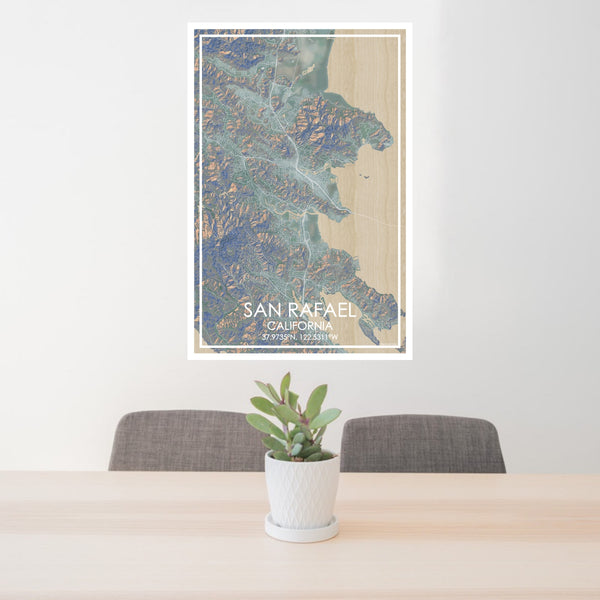 24x36 San Rafael California Map Print Portrait Orientation in Afternoon Style Behind 2 Chairs Table and Potted Plant
