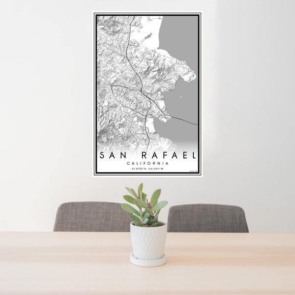 24x36 San Rafael California Map Print Portrait Orientation in Classic Style Behind 2 Chairs Table and Potted Plant