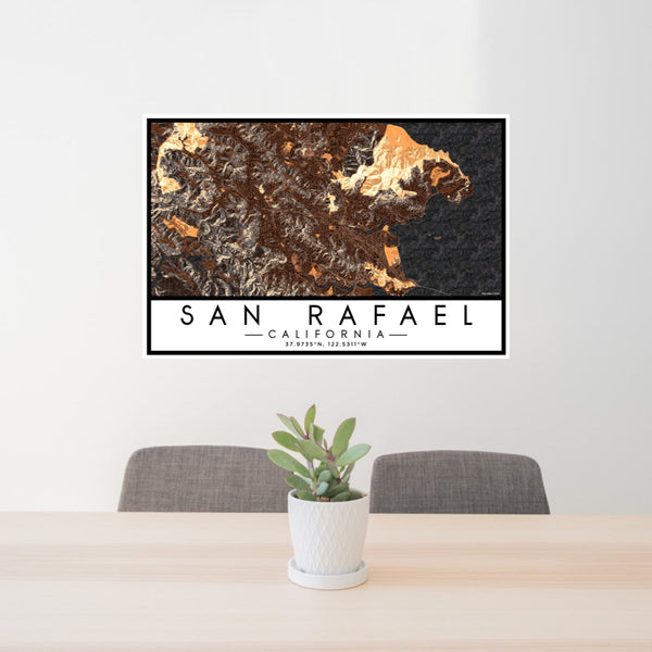 24x36 San Rafael California Map Print Lanscape Orientation in Ember Style Behind 2 Chairs Table and Potted Plant