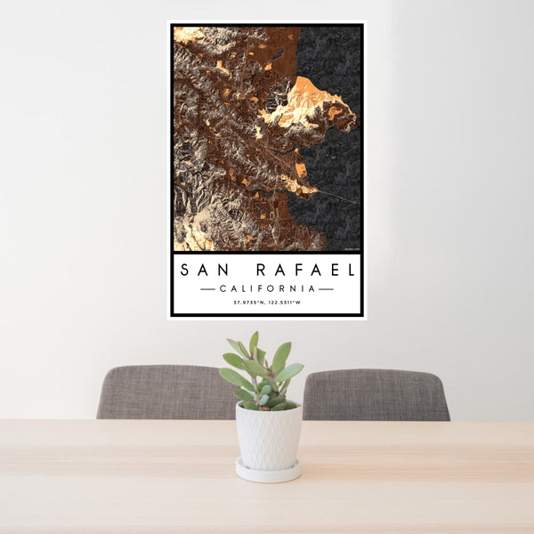 24x36 San Rafael California Map Print Portrait Orientation in Ember Style Behind 2 Chairs Table and Potted Plant