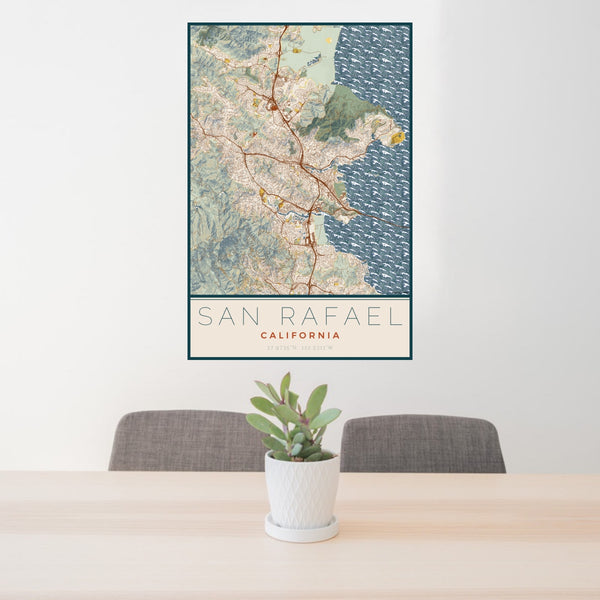 24x36 San Rafael California Map Print Portrait Orientation in Woodblock Style Behind 2 Chairs Table and Potted Plant