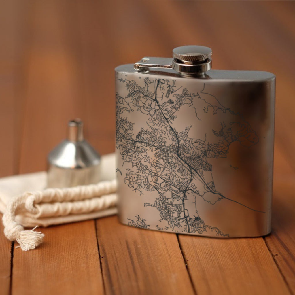 San Rafael California Custom Engraved City Map Inscription Coordinates on 6oz Stainless Steel Flask