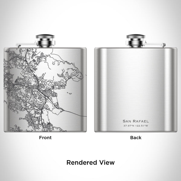 Rendered View of San Rafael California Map Engraving on 6oz Stainless Steel Flask