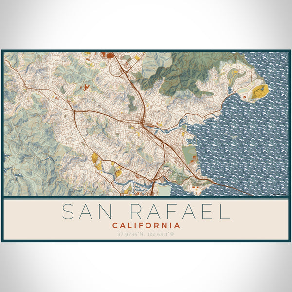 San Rafael California Map Print Landscape Orientation in Woodblock Style With Shaded Background
