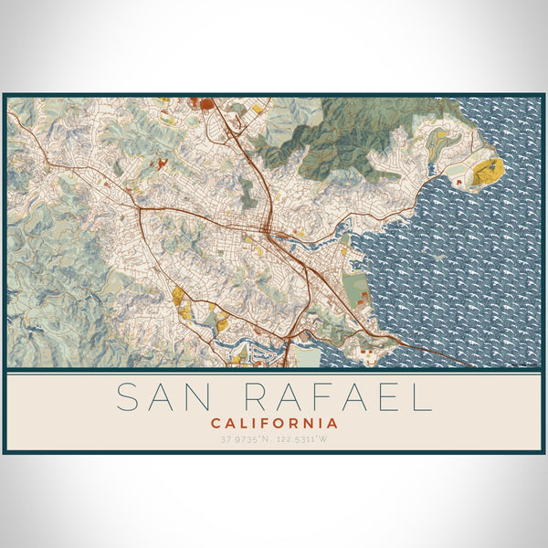 San Rafael California Map Print Landscape Orientation in Woodblock Style With Shaded Background