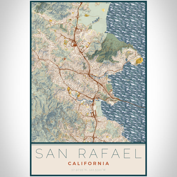 San Rafael California Map Print Portrait Orientation in Woodblock Style With Shaded Background