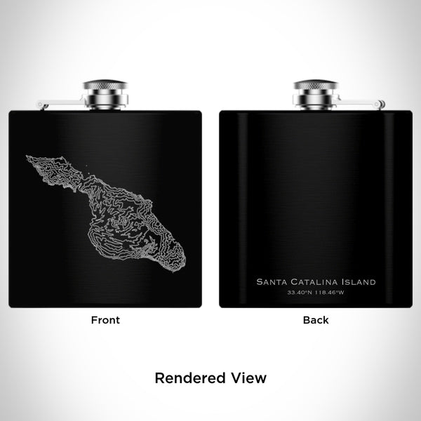 Rendered View of Santa Catalina Island California Map Engraving on 6oz Stainless Steel Flask in Black
