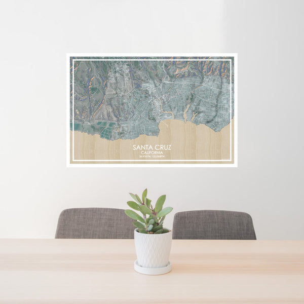 24x36 Santa Cruz California Map Print Lanscape Orientation in Afternoon Style Behind 2 Chairs Table and Potted Plant