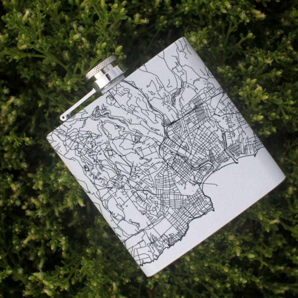 Santa Cruz California Custom Engraved City Map Inscription Coordinates on 6oz Stainless Steel Flask in White