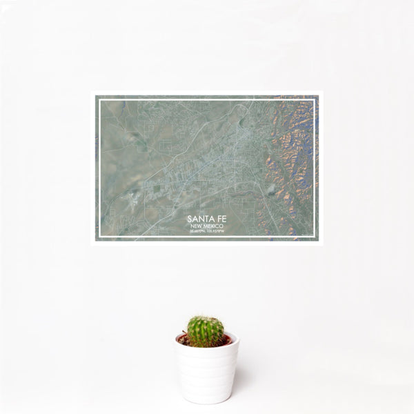 12x18 Santa Fe New Mexico Map Print Landscape Orientation in Afternoon Style With Small Cactus Plant in White Planter