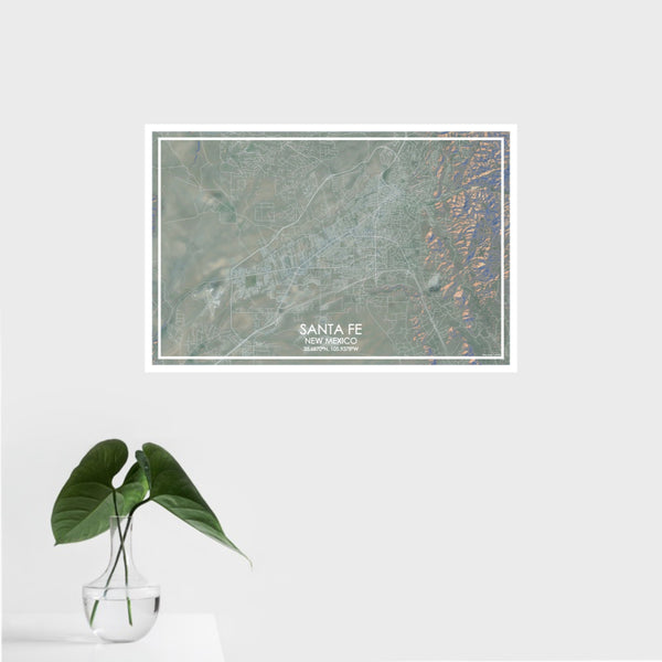 16x24 Santa Fe New Mexico Map Print Landscape Orientation in Afternoon Style With Tropical Plant Leaves in Water