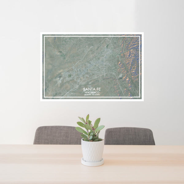 24x36 Santa Fe New Mexico Map Print Lanscape Orientation in Afternoon Style Behind 2 Chairs Table and Potted Plant