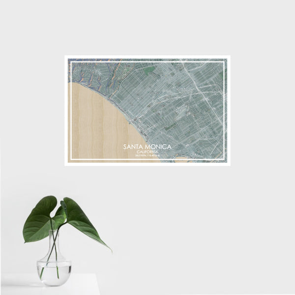 16x24 Santa Monica California Map Print Landscape Orientation in Afternoon Style With Tropical Plant Leaves in Water