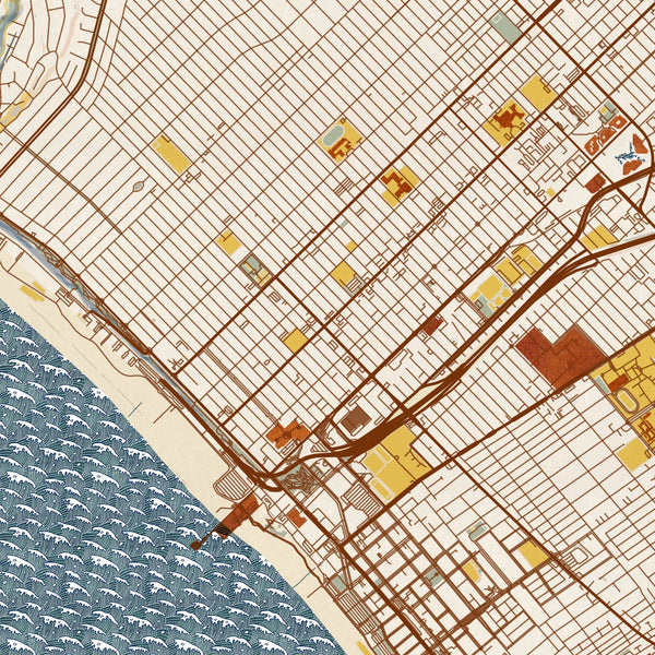 Santa Monica - California Map Print in Woodblock