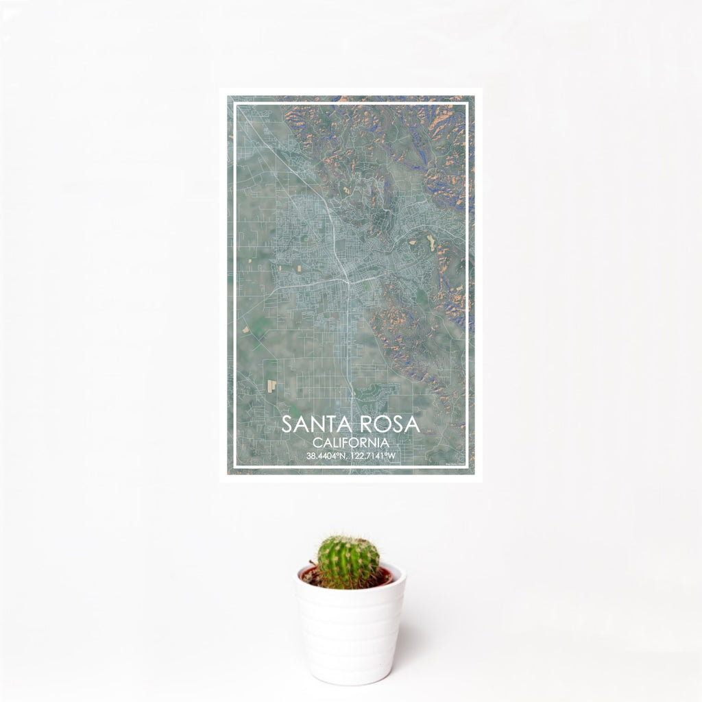 12x18 Santa Rosa California Map Print Portrait Orientation in Afternoon Style With Small Cactus Plant in White Planter