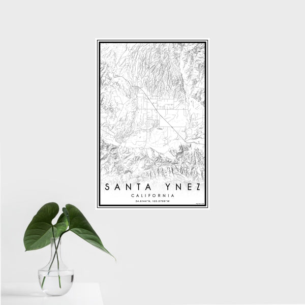 16x24 Santa Ynez California Map Print Portrait Orientation in Classic Style With Tropical Plant Leaves in Water