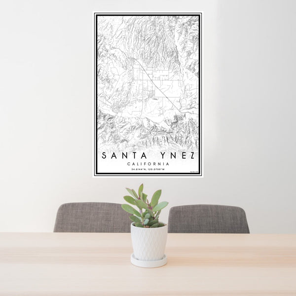 24x36 Santa Ynez California Map Print Portrait Orientation in Classic Style Behind 2 Chairs Table and Potted Plant