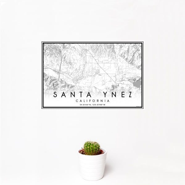 12x18 Santa Ynez California Map Print Landscape Orientation in Classic Style With Small Cactus Plant in White Planter