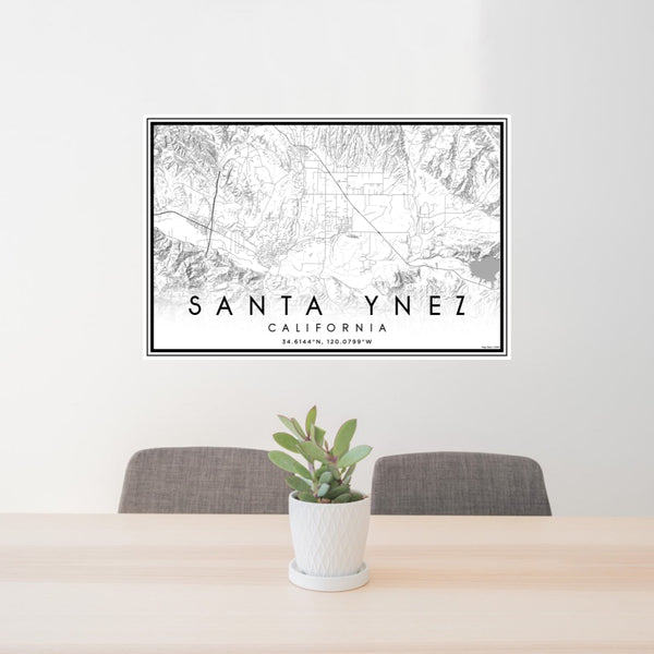 24x36 Santa Ynez California Map Print Landscape Orientation in Classic Style Behind 2 Chairs Table and Potted Plant