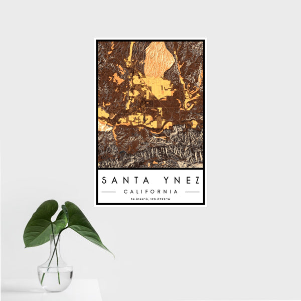 16x24 Santa Ynez California Map Print Portrait Orientation in Ember Style With Tropical Plant Leaves in Water