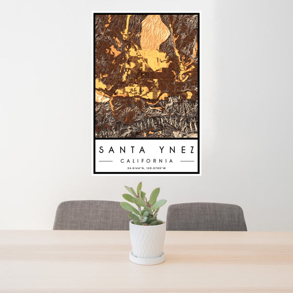 24x36 Santa Ynez California Map Print Portrait Orientation in Ember Style Behind 2 Chairs Table and Potted Plant