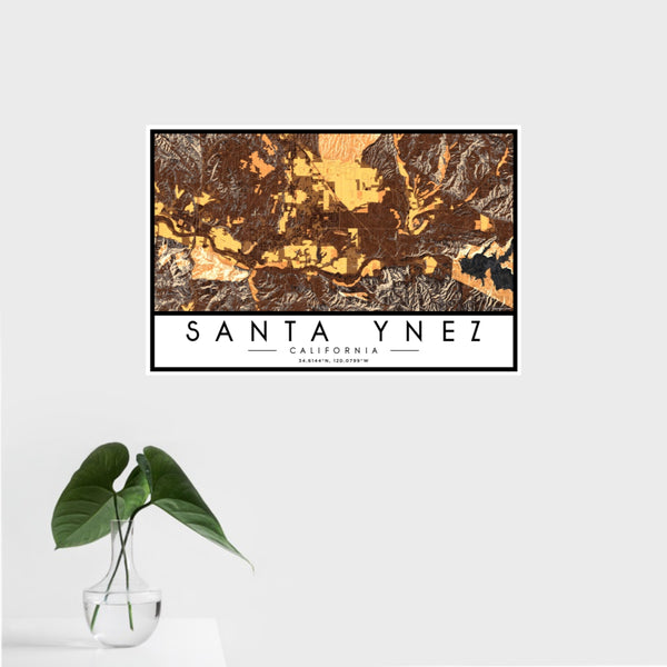 16x24 Santa Ynez California Map Print Landscape Orientation in Ember Style With Tropical Plant Leaves in Water